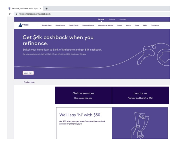 Screenshot of Bank of Melbourne Online Banking logon page with the URL "melbournefinance"