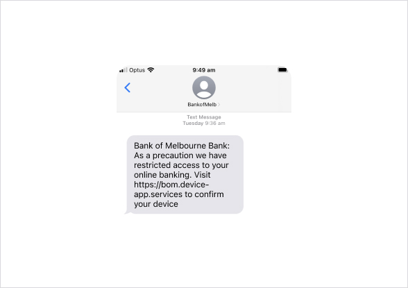 Screenshot of Bank of Melbourne alert SMS warning of restricted online banking access